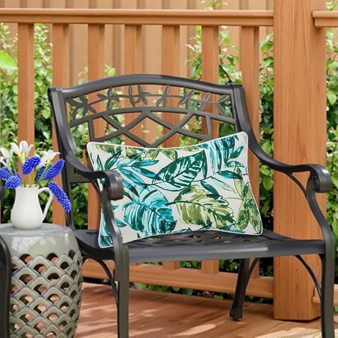 Water Resistant Outdoor Lumbar Pillows for Patio Furniture,12x20 Inch Decorative Pillows Set of 2 with Insert,Hidden Zipper Headrests for Sofa Couch Chair(Palm Leaf)