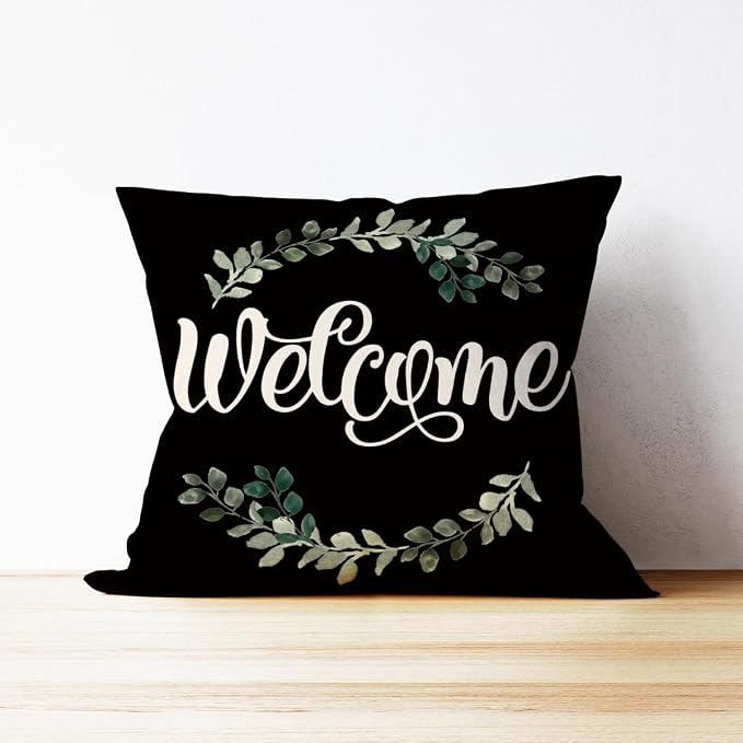 Mancheng-zi Welcome 18x18 Porch Decor, Outdoor Pillow Covers - Patio & Farmhouse Porch Deco, Black