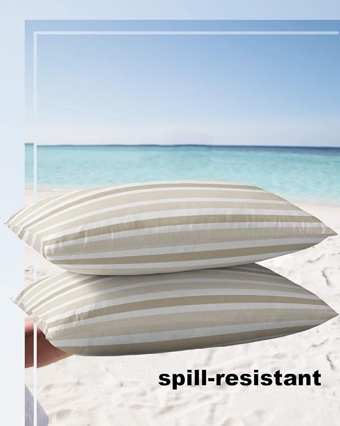 Outdoor Waterproof Lumbar Throw Pillow Covers Set of 2 Khaki Beige Stripes Decorative Outdoor Pillows Cushion Case 20x12 Inch Classic Striped Patio Pillows for Couch Sofa Bed Garden Home Decor