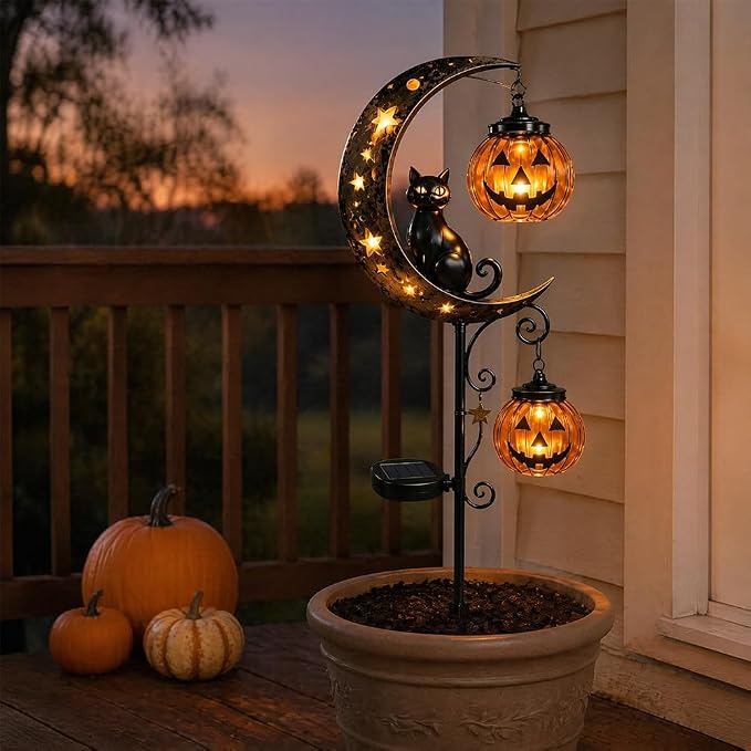 Solar Halloween Black Cat & Pumpkin Moon Garden Stake Light, Outdoor Waterproof LED Yard Decoration with Crescent Moon, Hanging Jack-o'-Lantern Lantern for Garden, Patio, Walkway, Porch (Style A C)
