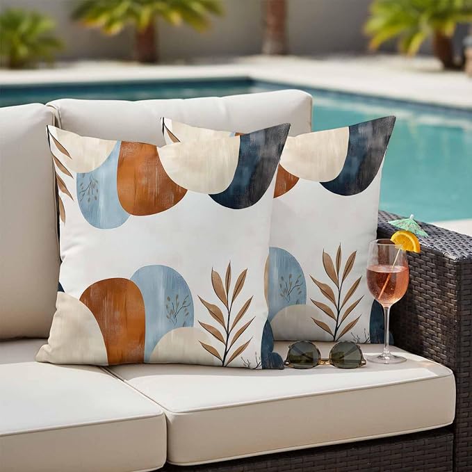 Bohemian Nordic Outdoor Waterproof Throw Pillow Covers Set of 2, 16"x16", Simple Colorful Abstract Leaves Decorative Pillow Covers Outside Cushion Case for Patio Porch Garden