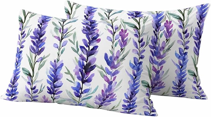 Outdoor Waterproof Pillow Covers 20x12Inch Spring Purple Lavender Throw Pillowcases for Patio Garden Couch Sofa Watercolor Floral Art Decorative Cushin Case,Pack of 2