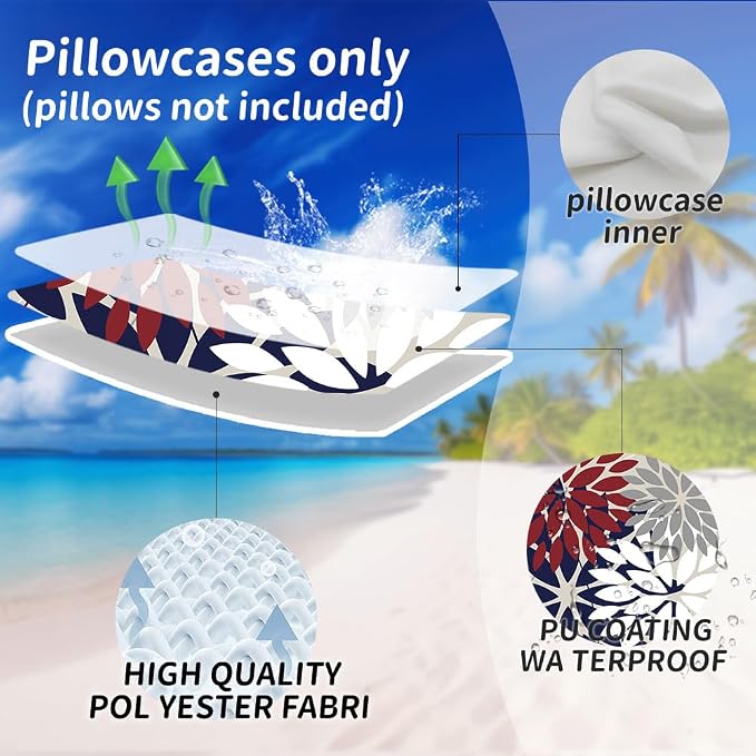 DFXSZ Pack of 2 Outdoor Waterproof Throw Pillow Covers 16x16 Red Blue | Polyester Spring Summer 4TH Of July Floral Decorative Cushion Cases(NO INSERT),For Couch Patio Funiture Garden Home Decor