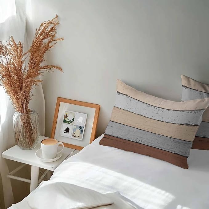 Outdoor Throw Pillow Covers 12X20 Set of 2 Waterproof Ombre Ground Color Brown Grey Decorative Zippered Cushion Covers for Patio Furniture,Lumbar Pillowcases Farmhouse Retro Rustic Barn Wood Texture