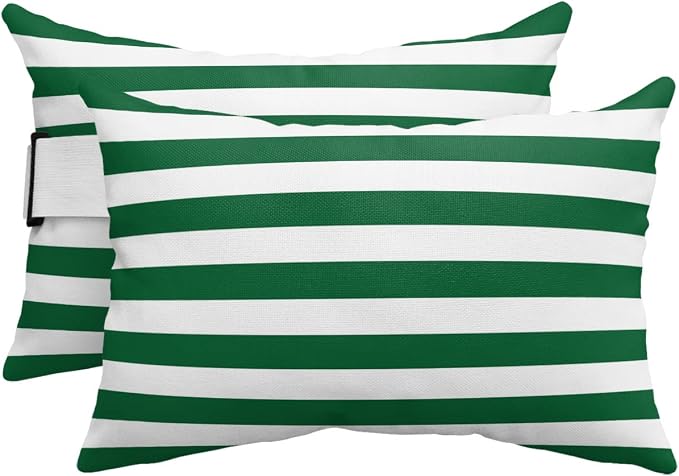 T&H XHome Outdoor Pillow for Chaise Lounge Chair, Christmas Green and White Stripe Waterproof Headrest Pillow Lumbar Pillows with Adjustable Elastic Strap for Beach, Poolside, Patio, Office (2 Pack)