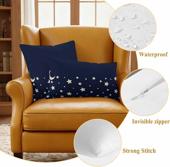 Stars Moon Waterproof Outdoor Pillow Covers Set of 2 Home Decor, Starry Night Navy Blue Pillowcase Patio Pillow Covers for Couch Bench Patio Furniture Garden 24x24in