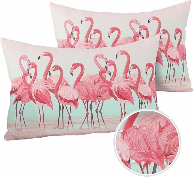 Outdoor Waterproof Throw Pillow Covers Set of 2 Pink Flamingo Lumbar Pillowcases 20x12 Inches Tropical Animal Ombre Teal Patio Decorative Pillows Cushion Case Patio Pillows for Couch Bed Chair Garden