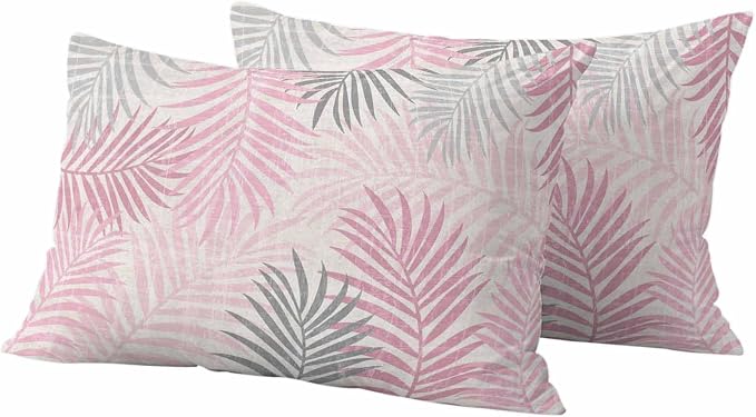 Outdoor Waterproof Throw Pillow Covers, Pink Grey Palm Leaves Decorative Pillow Cases, Summer Botanical Tropical Leaf Couch Pillow Protector Patio Sofa Cushion Covers Replacement 20"x12" 2 Pack