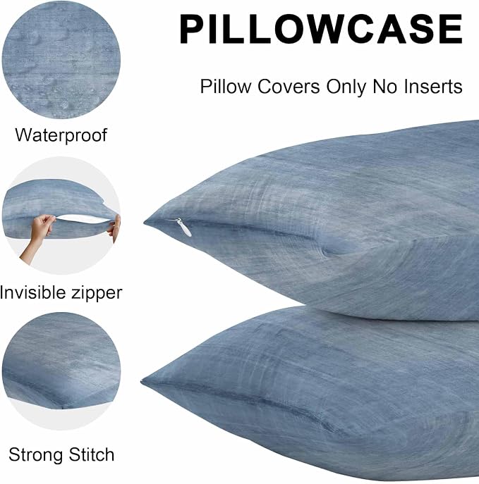 Vandarllin Outdoor Throw Pillows Covers 20x12 inch Set of 2 Waterproof Blue Linen Decorative Zippered Cushion Covers for Patio Furniture, Solid Color Texture Lumbar Pillowcases