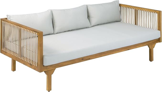 Merax Outdoor Acacia Wood Conversation Set - Patio 3-Seat Loveseat Sofa w/Coushion and Round Coffee Table for Backyard, Lawn, Balcony, Water Repellent, 600 lbs Sofa Capacity, Teak +Light Gray