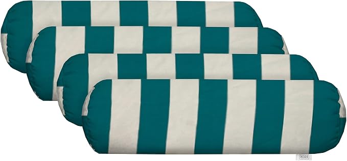 RSH Décor Neck Roll Bolster Pillows – Set of 4 | 20” x 6” | Outdoor Throw Pillows for Patio Furniture, Porch, Deck, or Poolside Chairs | Water & Fade-Resistant | Blue Green & White Stripe