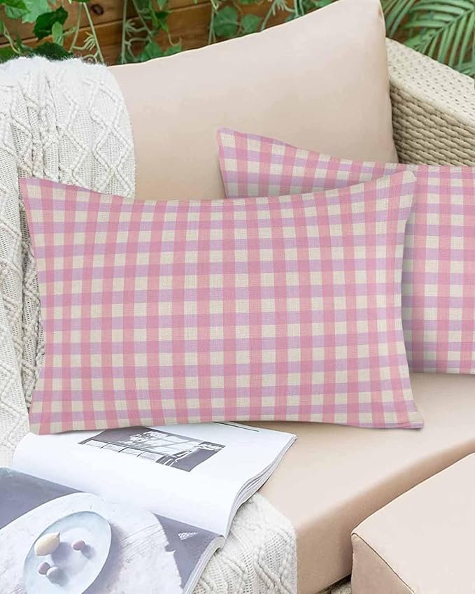 Outdoor Waterproof Throw Pillow Covers Set of 2 Pink Buffalo Plaid Lumbar Pillowcases 20x12 Inches Linen Classic Checked Patio Decorative Pillows Cushion Case Patio Pillows for Couch Bed Chair Garden