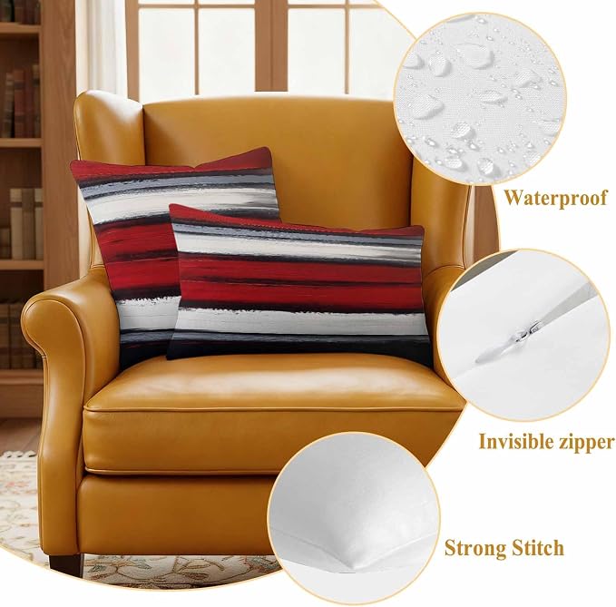 Red and Black Strip Outdoor Pillow Covers 18"x18" Set of 2, Classic Modern Art Waterproof Throw Pillow Covers for Patio Furniture, Decorative Cushion Covers for Porch