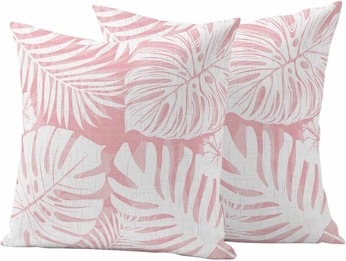 Pink Palm Leaves Outdoor Pillow Covers 18"x18" Set of 2, Tropical Botanical Modern Minimalist Waterproof Throw Pillow Covers for Patio Furniture, Decorative Cushion Covers for Porch