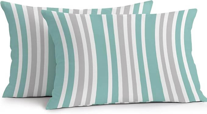 Aqua Grey Stripe Outdoor Pillow Covers 20x12 Inch Lumbar Pillow Covers Set of 2 Waterproof Decorative Throw Pillow Cases Farmhouse Minimalist Striped Cushion Covers for Patio Furniture Garden Couch