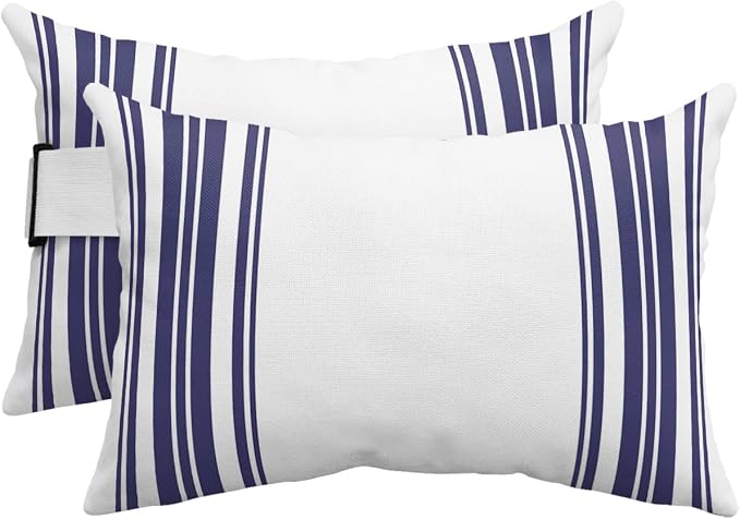 Outdoor Pillows Covers with Inserts Colorful Stripes Navy Blue Wood Texture White Waterproof Recliner Pillow with Adjustable Strap Throw Pillows for Patio Furniture Pool Lounge Chair, 11x16 inch, 2PCS