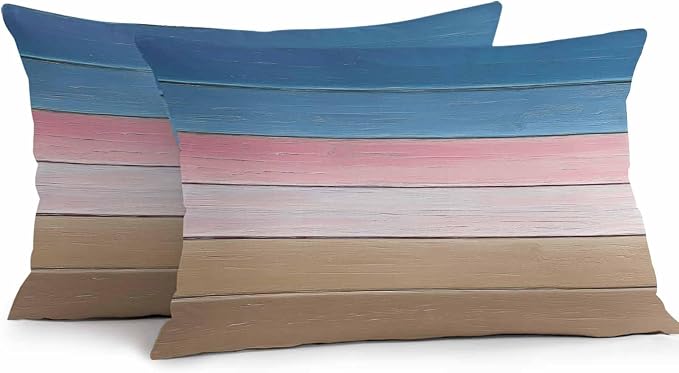 Pink Blue Brown Outdoor Pillow Covers 20x12 Inch Lumbar Pillow Covers Set of 2 Waterproof Decorative Throw Pillow Cases Farmhouse Gradient Wooden Plank Art Cushion Covers for Patio Furniture Garden