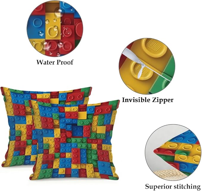 16x16 Inch Outdoor Pillow Covers Set of 2 Waterproof Throw Pillow Covers Decorative Couch Cushion Covers Colorful Block Square Pillowcases Protectors for Patio Garden Sofa