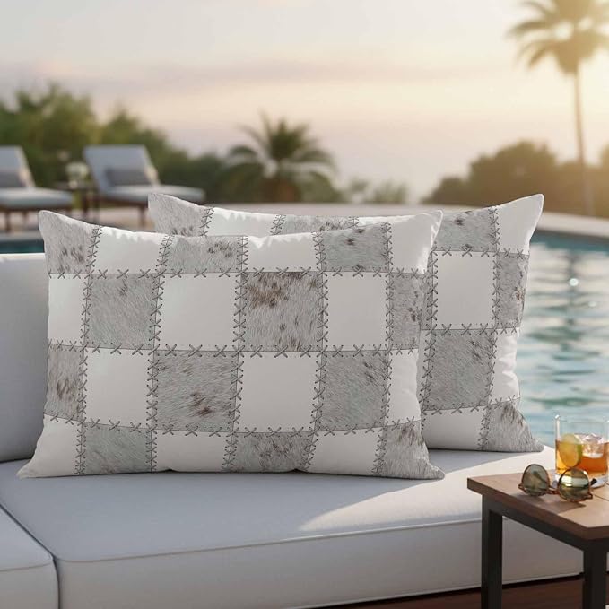 Cream Gray Checkered Outdoor Pillow Covers 20x12 Inch Lumbar Pillow Covers Set of 2 Waterproof Decorative Throw Pillow Cases Modern Farmhouse Plaid Fur Texture Cushion Covers for Patio Furniture