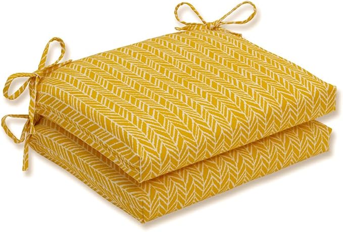 Pillow Perfect Outdoor/Indoor Herringbone Egg Yolk Square Corner Seat Cushions, 18.5" x 16", Yellow, 2 Pack