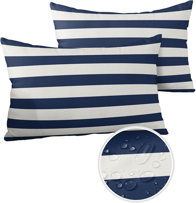 Simple Navy Blue White Stripes Outdoor Pillow Covers Set of 2,Decorative Waterproof Throw Pillow Case, Nautical Theme Stripe Cotton Linen Soft Cozy Cushion Pillowcases
