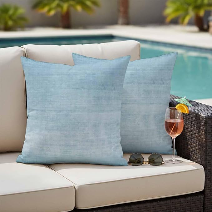 Vandarllin Outdoor Throw Pillows Covers 24x24 inch Set of 2 Waterproof Sky Blue Linen Decorative Zippered Cushion Covers for Patio Furniture, Solid Color Texture Lumbar Pillowcases