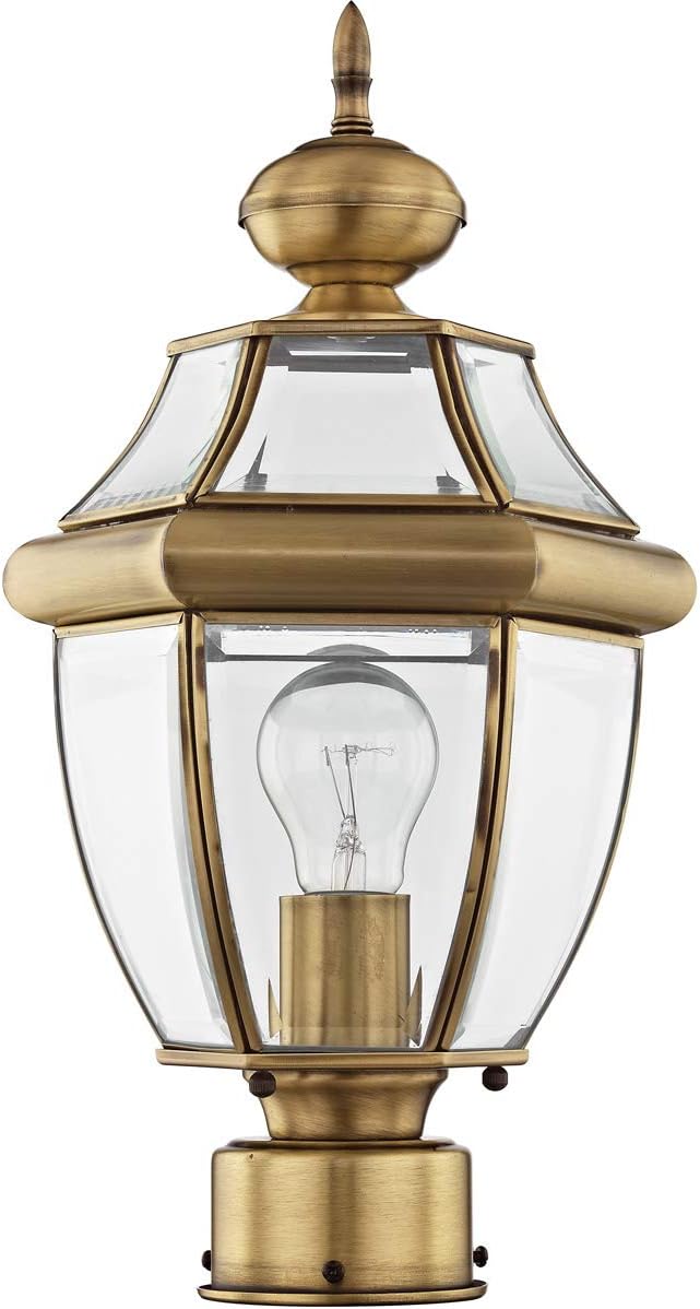Livex Lighting 2153-01 Post Light Fixture, Antique Brass | Clear Beveled Glass Shades