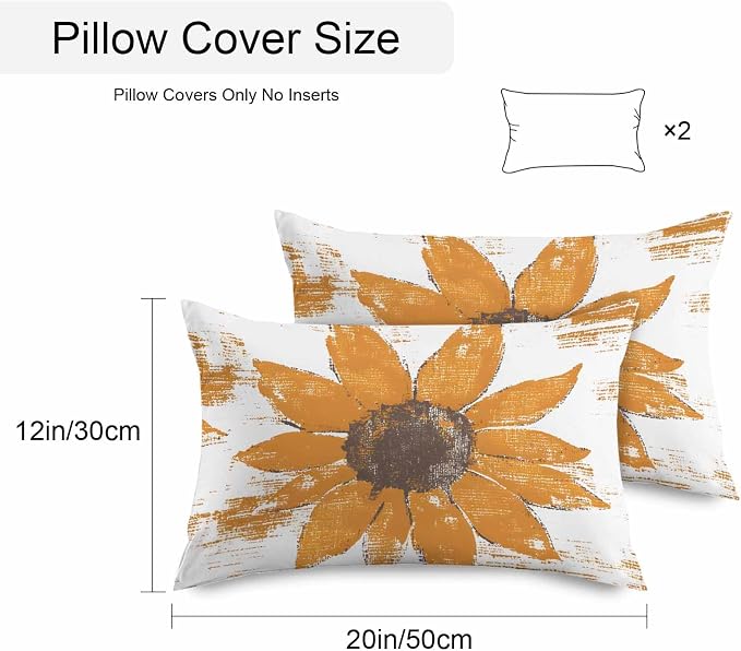 Vandarllin Outdoor Throw Pillows Covers 20x12 inch Set of 2 Waterproof Orange Sunflower Decorative Zippered Cushion Covers for Patio Furniture, Flower Field Lumbar Pillowcases