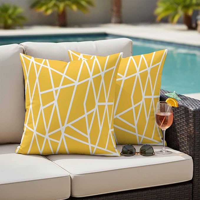 Outdoor Pillow Covers Waterproof, Yellow Geometric Decorative Square Throw Pillowcases Patio Cushion Covers for Tent/Garden, 20" x 20" 2 Pack, Abstract Stripes Modern Minimalist