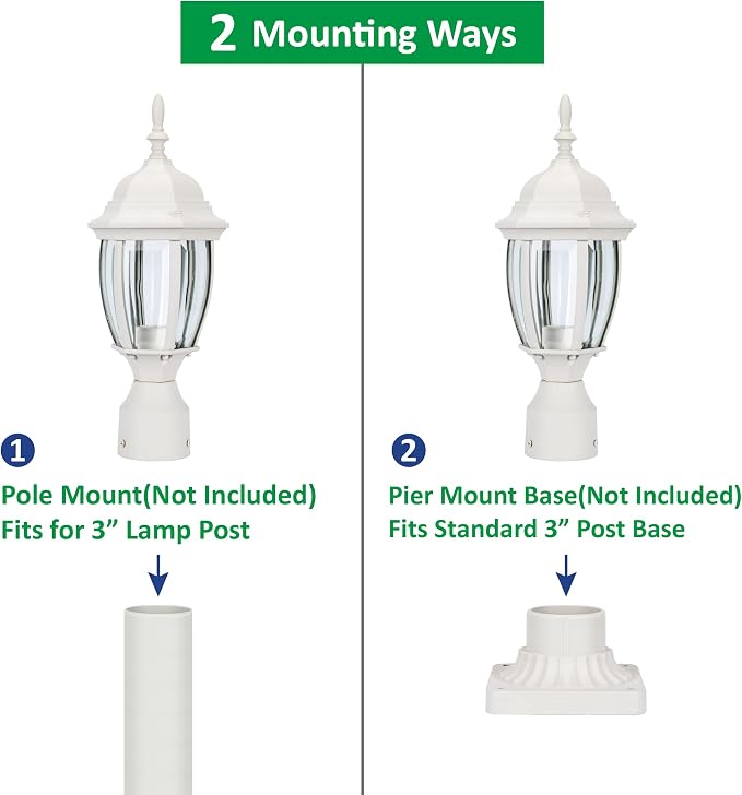 Outdoor Post Light, Rustproof Aluminum Pole Lamp, White | Exterior Lamp Post Light Fixture for Garden, Yard, Pathway, Waterproof, Glass, E26 Base, Max 60W, 1 Pack