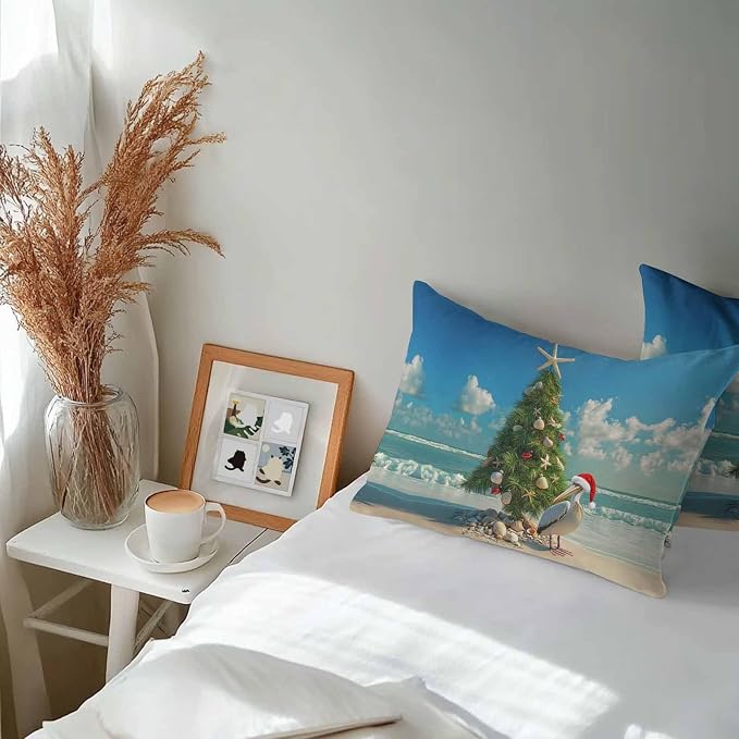 Christmas Outdoor Throw Pillows Covers 20x12 inch Set of 2 Waterproof Christmas Tree Decorative Zippered Cushion Covers for Patio Furniture, Pelican Starfish Shell Beach Wave Lumbar Pillowcases