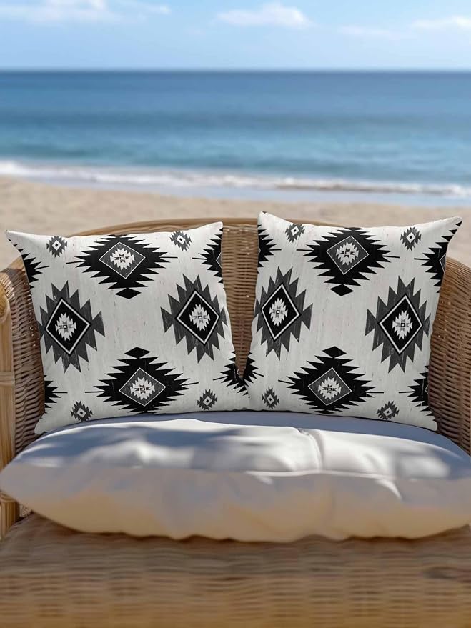 Waterproof Outdoor Pillow Set of 2 Gray Boho Aztec Decorative Throw Pillows Cover & Insert 18x18 Inch Pillowcase Southwest Tribal Style Square Pillows for Couch Sofa Bed Patio Furniture Indoor Outdoor