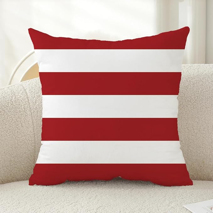 TAOSON Dark Red Striped Outdoor Throw Pillow Covers 18x18 Inch,Set of 4 | White Striped Waterproof Decorative Cushion Cases for Patio, Garden, Balcony & Couch