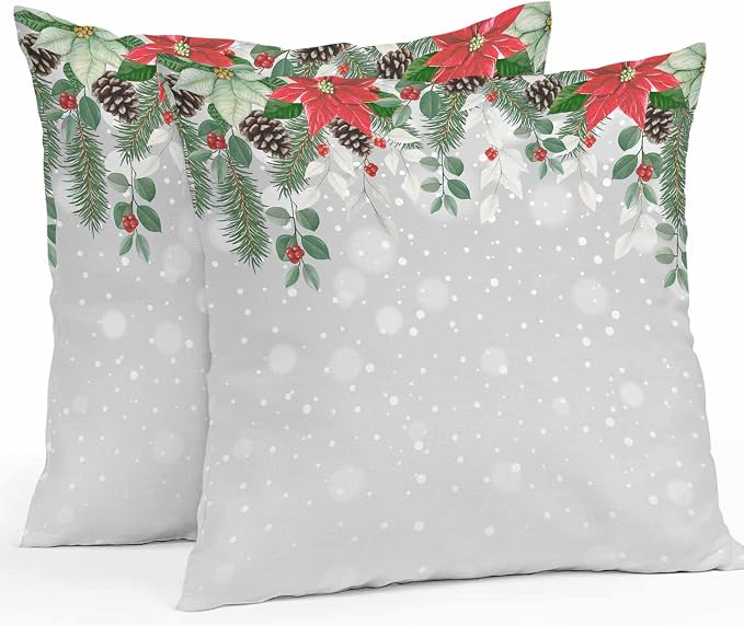 Outdoor Throw Pillow Covers, Christmas Poinsettia Flower Pine Cones Eucalyptus Leaf Winter Snowflake Gray Waterproof Pillowcases Cushion Covers Cases for Patio Couch Bench, Pack of 2 Square, 18"X18"