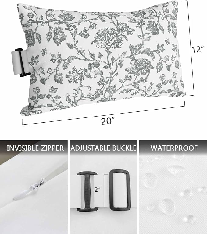 Pack of 4 Outdoor Lumbar Pillow Covers 12x20 Inch, Spring Flower Waterproof Throw Pillow Covers Set, Vintage Farmhouse Blue Grey Boho Leaf Indoor&Outdoor Decorative Cushion Cases for Patio Porch Beach