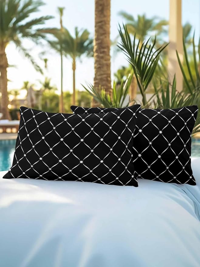 Vandarllin Waterproof Outdoor Pillow Set of 2 Black Grid Plaid Decorative Throw Pillows Cover & Insert 20x12 Inch Lumbar Pillowcase Diagonally Crossed Lines Pillows for Couch Sofa Bed Patio Furniture