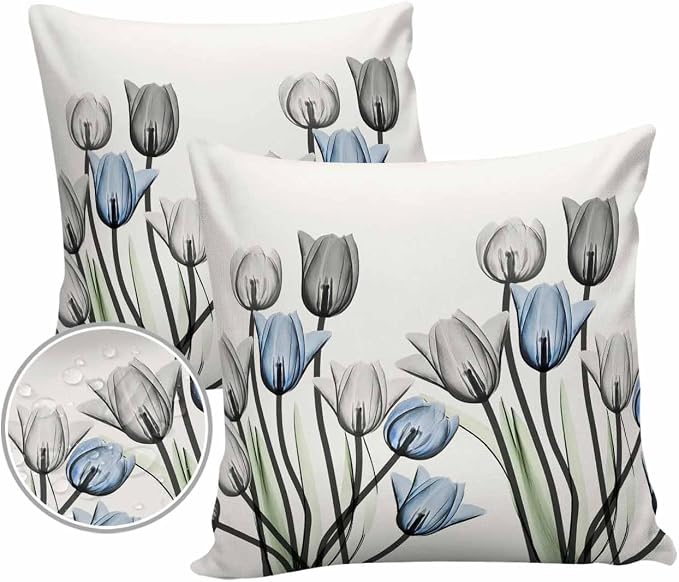 Vandarllin Outdoor Throw Pillows Covers 24X24 Set of 2 Waterproof Gray Blue Tulip Decorative Zippered Lumbar Cushion Covers for Patio Furniture, Spring Summer Flowers Floral
