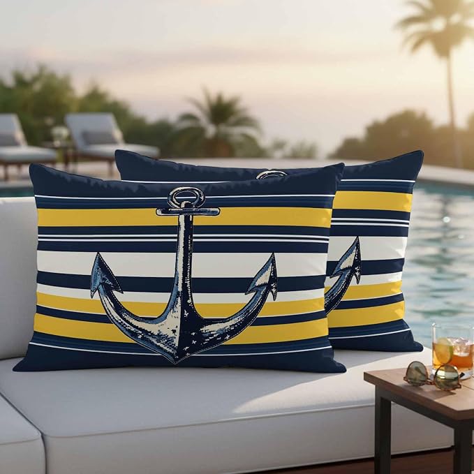 Vintage Anchor Outdoor Waterproof Pillow Covers Set of 2, Yellow Blue Striped Pillowcase Decorative Throw Cushion Cases for Patio Garden Couch 20 x 12 Inches