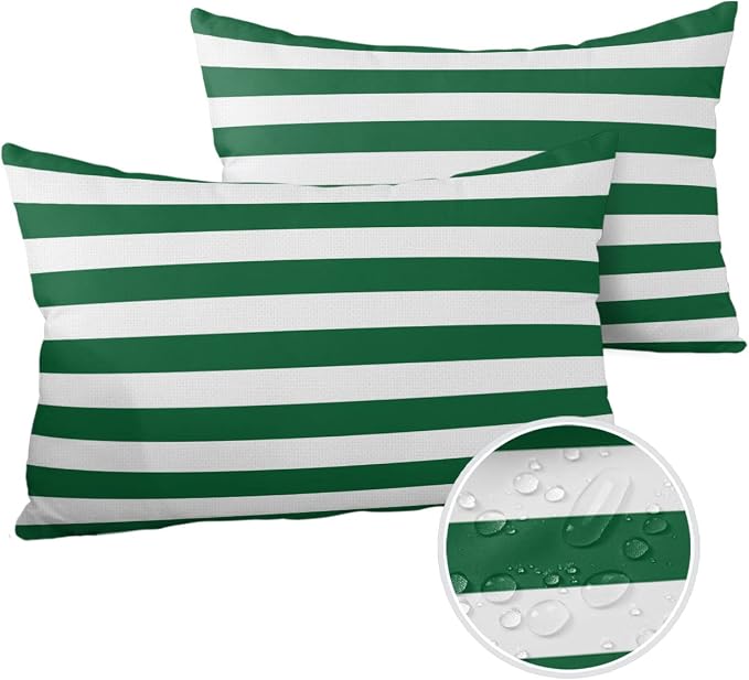 Lumbar Throw Pillow Covers 12x20 Outdoor Waterproof Pillow Covers for Patio Furniture Christmas Green Throw Pillow Cover Green White Stripes Pillowcases Set of 2 Cushion Case for Sofa Couch Chair Home