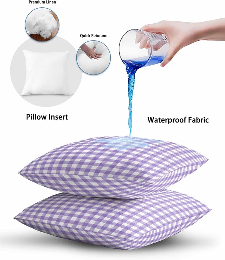 Outdoor Waterproof Throw Pillows Purple White Checkered Plaid Patio Pillows,Decorative Pillow Covers with Insert,Pillow Cushion Case for Garden Couch Sofa Gradient Buffalo Check