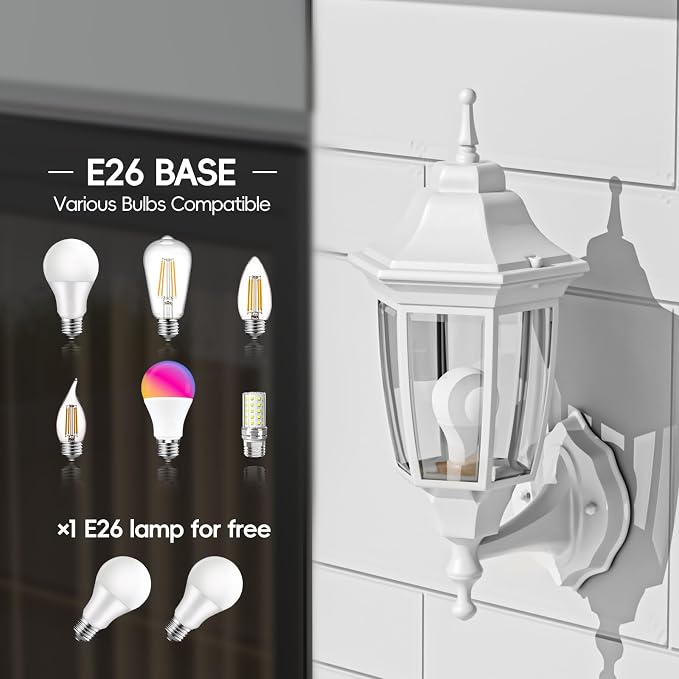 EMART Outdoor Front Porch Light with Bulb, Wall Lamp Fixture(1 Pack, White) | Exterior Anti-Corrosion, Waterproof Aluminum & Glass Shades, Modern Sconce Lantern for Outside, House, Garage