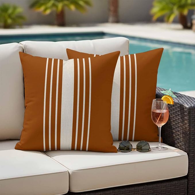 Burnt Orange Beige Striped Outdoor Pillow Covers 26x26 Inch Throw Pillow Covers Set of 2 Waterproof Decorative Pillow Cases Modern Farmhouse Retro Lines Cushion Covers for Patio Furniture Garden Couch
