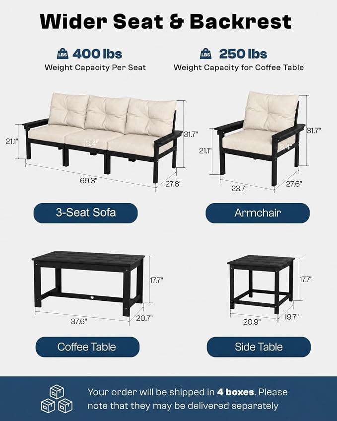 3 Piece HDPE Outdoor Patio Furniture Set, All-Weather 2 Armchairs with Side Table, Patio Conversation Set with Beige Washable Thick Cushion for Balcony,Porch (Black Frame)