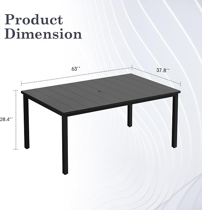 Outdoor Dining Table for 6, 63" Rectangle Outdoor Table with Adjustable Umbrella Hole, All-Weather Metal Patio Dining Table for Lawn Garden Backyard Deck, Black