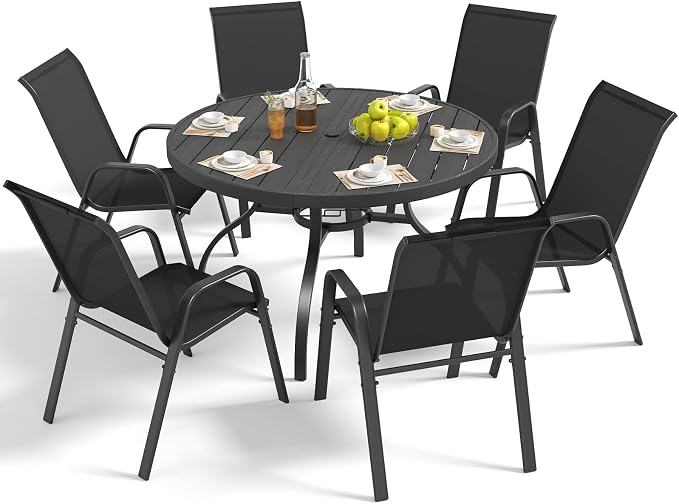 Outdoor Patio Dining Set for 6, 7 Pieces Patio Table and Chairs Set with Umbrella Hole, 47"x 47" Round Metal Wood-Grain Dining Table Set with 6 Stackable Patio Chairs for Deck , Backyard, Porch