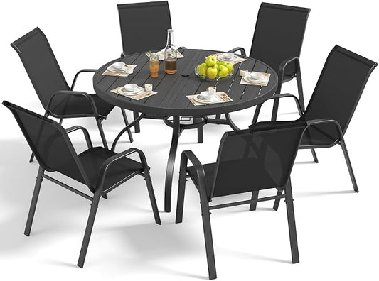 Outdoor Patio Dining Set for 6, 7 Pieces Patio Table and Chairs Set with Umbrella Hole, 47"x 47" Round Metal Wood-Grain Dining Table Set with 6 Stackable Patio Chairs for Deck , Backyard, Porch
