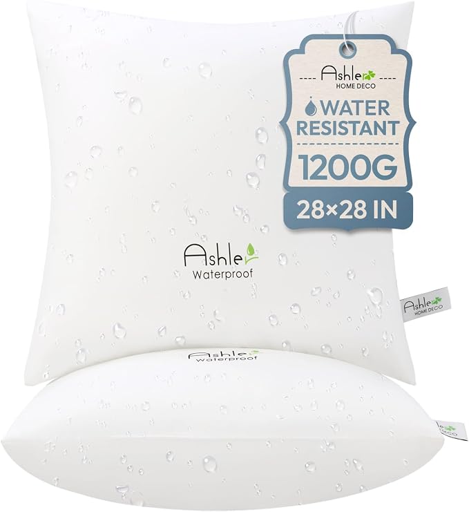 Ashler Outdoor Throw Pillow Inserts - 28 x 28 Pillow Inserts Set of 2, Water Resistant Hypoallergenic Pillows Decorative for Garden, Waterproof Pillow for Sofa Couch, White