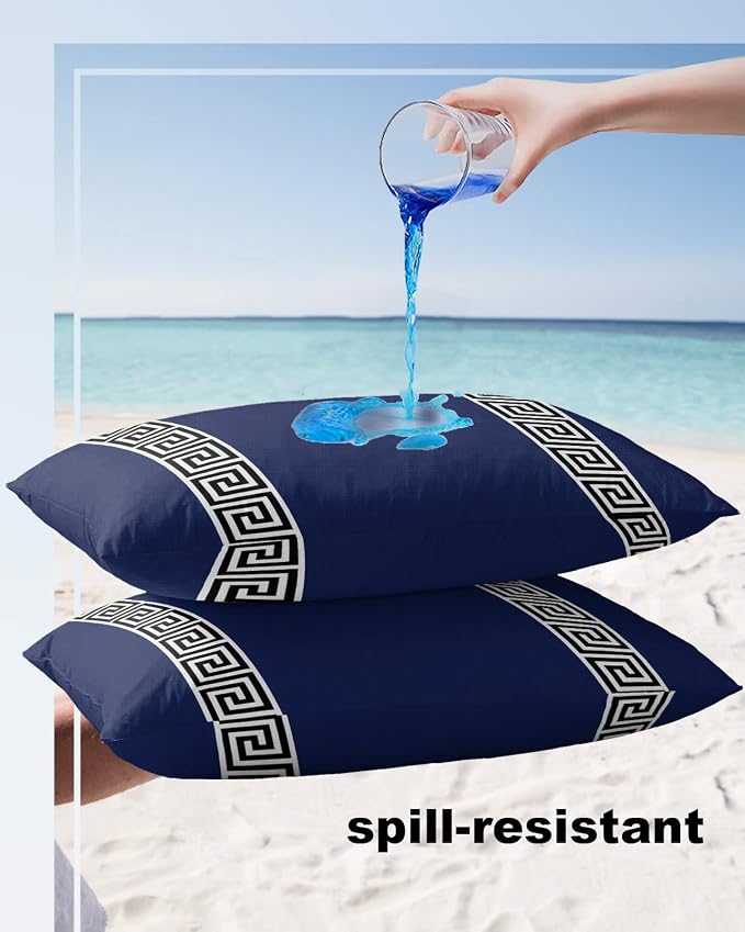 Funy Decor Waterproof Outdoor Throw Pillow Cover Geometric Greek Key Design Lumbar Pillowcases Set of 2 Navy Blue Decorative Patio Furniture Pillows for Couch Garden 20x12 inch
