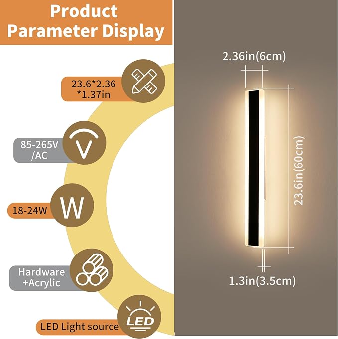 23.6inch Modern Outdoor Wall Light, 3000K Warm White Linear Outside Wall Sconce Waterproof IP65, Acrylic Panel, Black LED Long Wall Lights for Garage Garden Exterior Wall Mount Lights