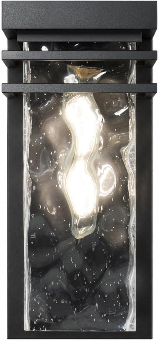 Modern Outdoor Wall Sconce Exterior Porch Light Fixture for House | 12 in. Black, Water Seeded Glass, Open Bottom, Waterproof Patio Lighting, 1 Pack